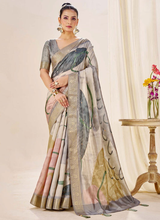 Multi Colour Silk Designer Saree Border Work, Fancy Work, Printed, Weaving Zari S19074