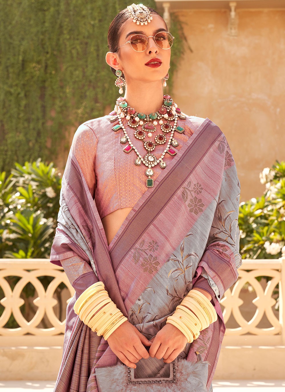 Classic Foliage Prints Raw Silk Saree - S7204