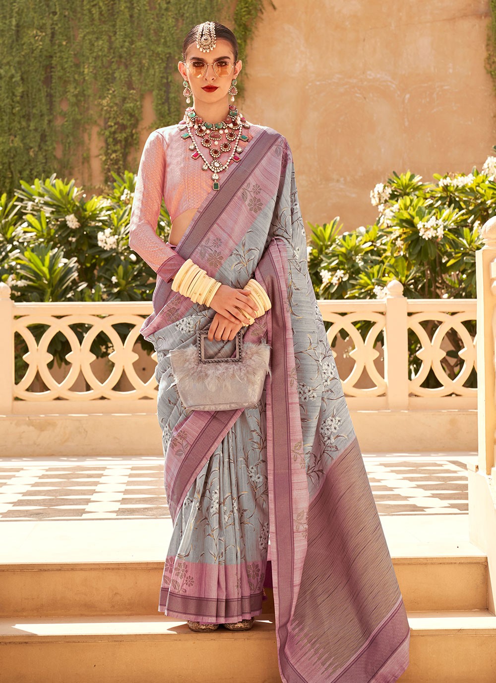 Classic Foliage Prints Raw Silk Saree - S7204