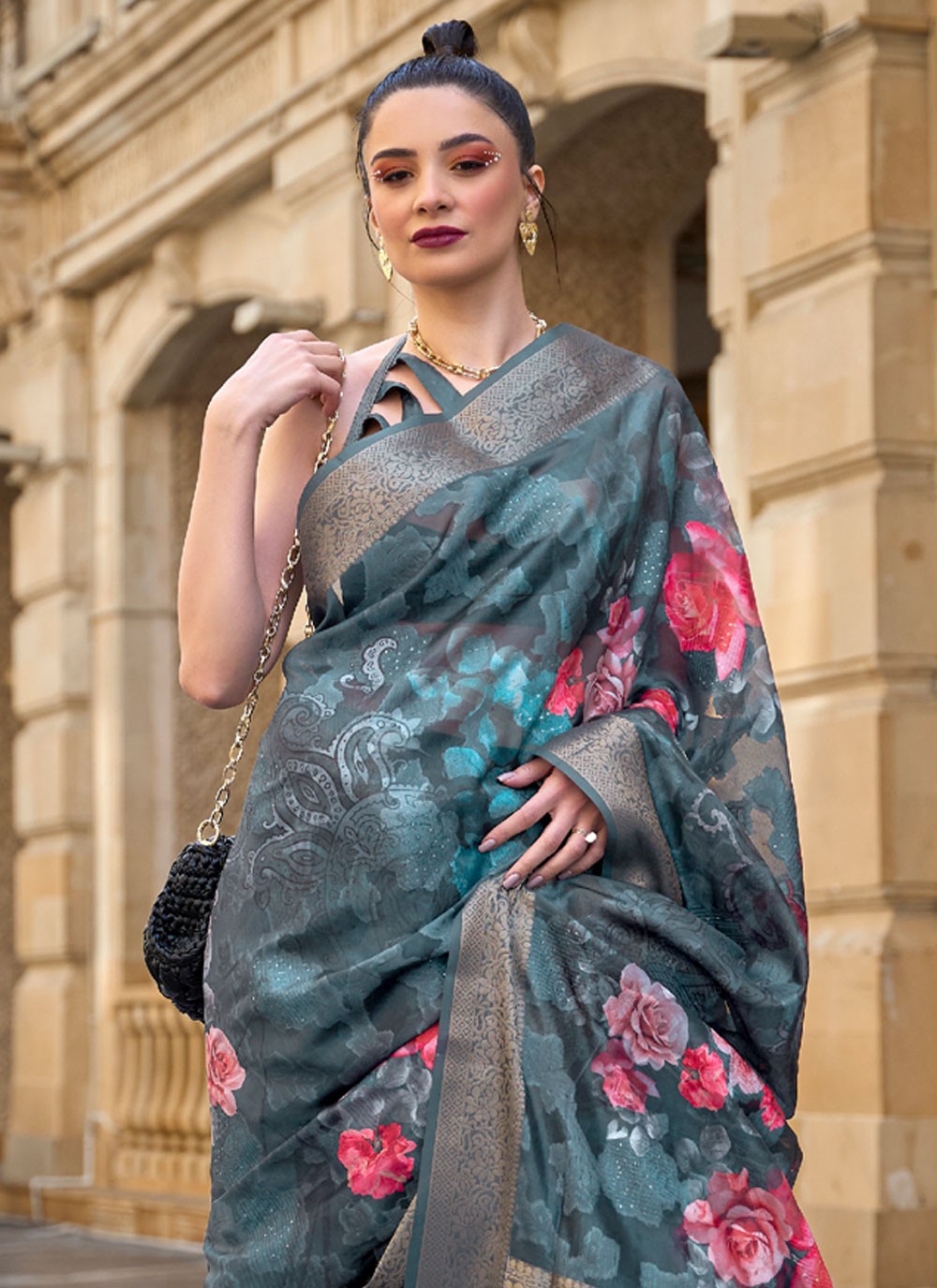 Designer Printed Brasso Saree - S4221