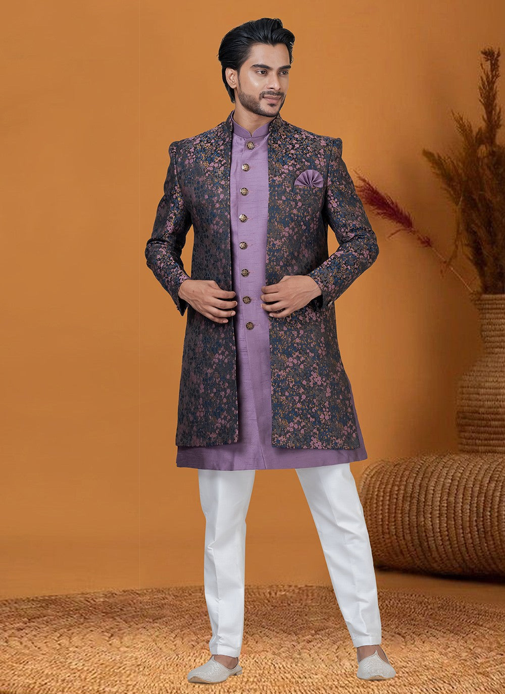 Jacquard Work Jacquard Silk Multi Colour Indo Western - M8373