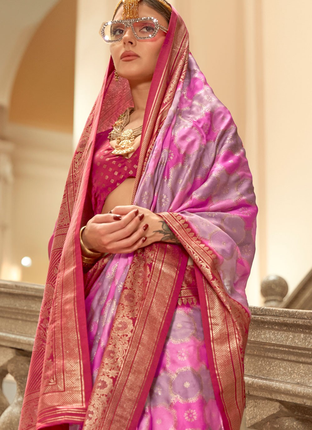 Multi Colour Satin Contemporary Saree Printed, Weaving Zari S18286