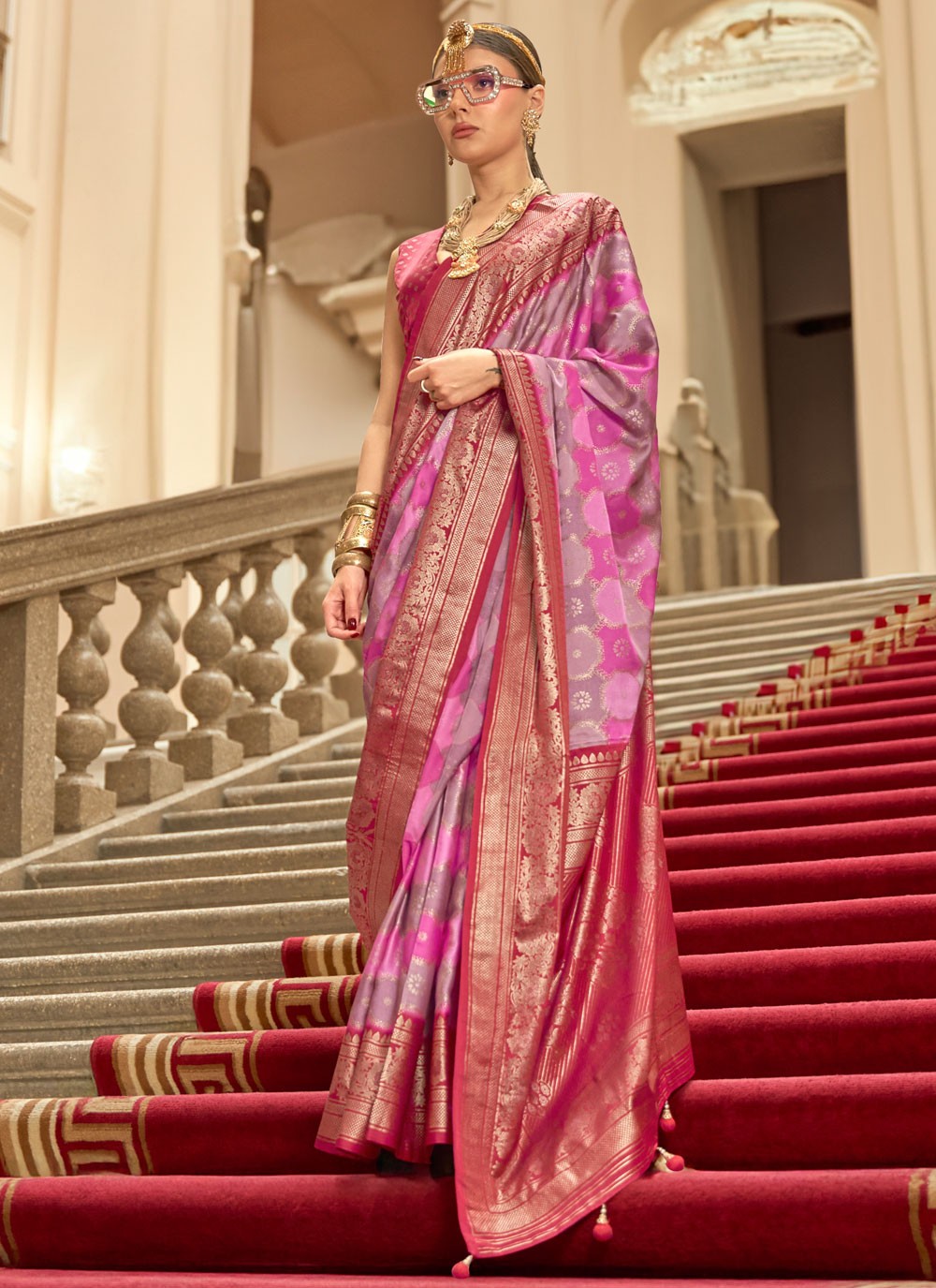 Multi Colour Satin Contemporary Saree Printed, Weaving Zari S18286