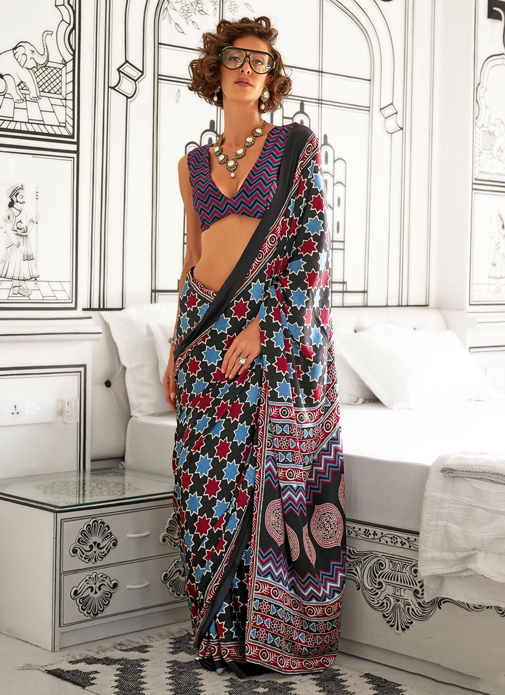 Classic Printed Crepe Silk, Satin Saree - S6780