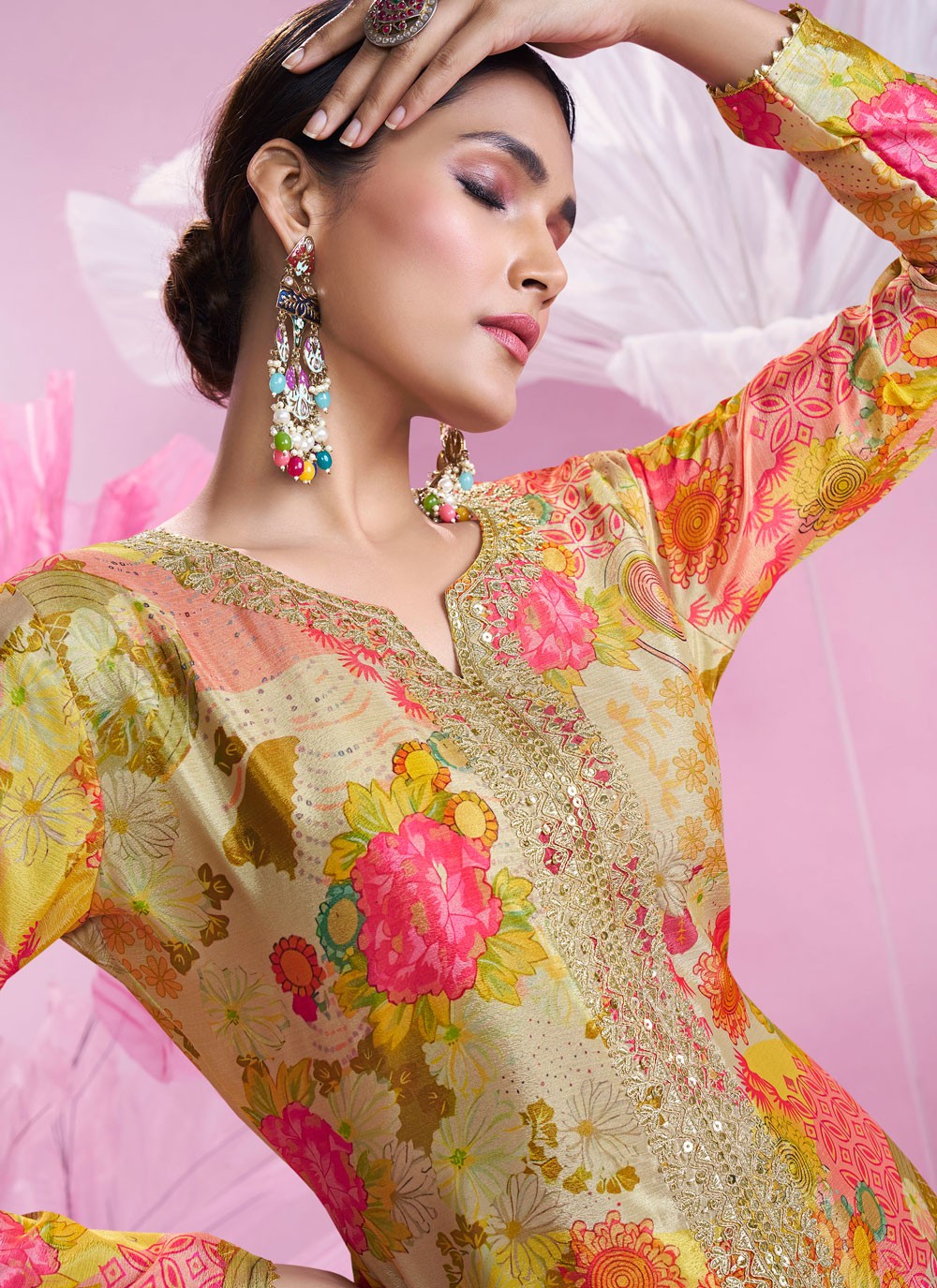 Salwar Suit Embroidered Multi Colour Chinon T5601