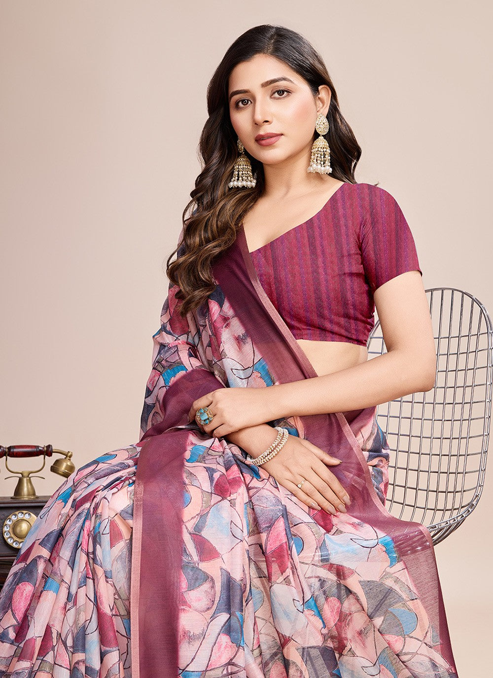 Border Work, Digital Print Linen Saree - S11538