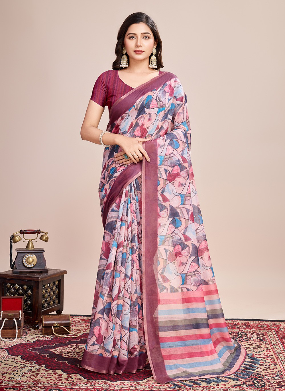 Border Work, Digital Print Linen Saree - S11538