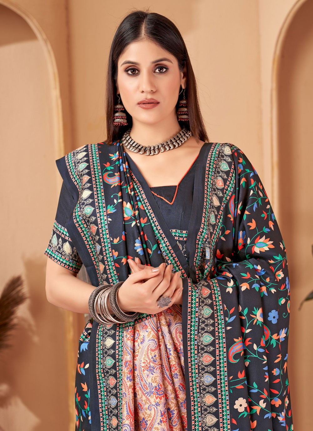Casual Digital Print Pashmina Saree - S4281