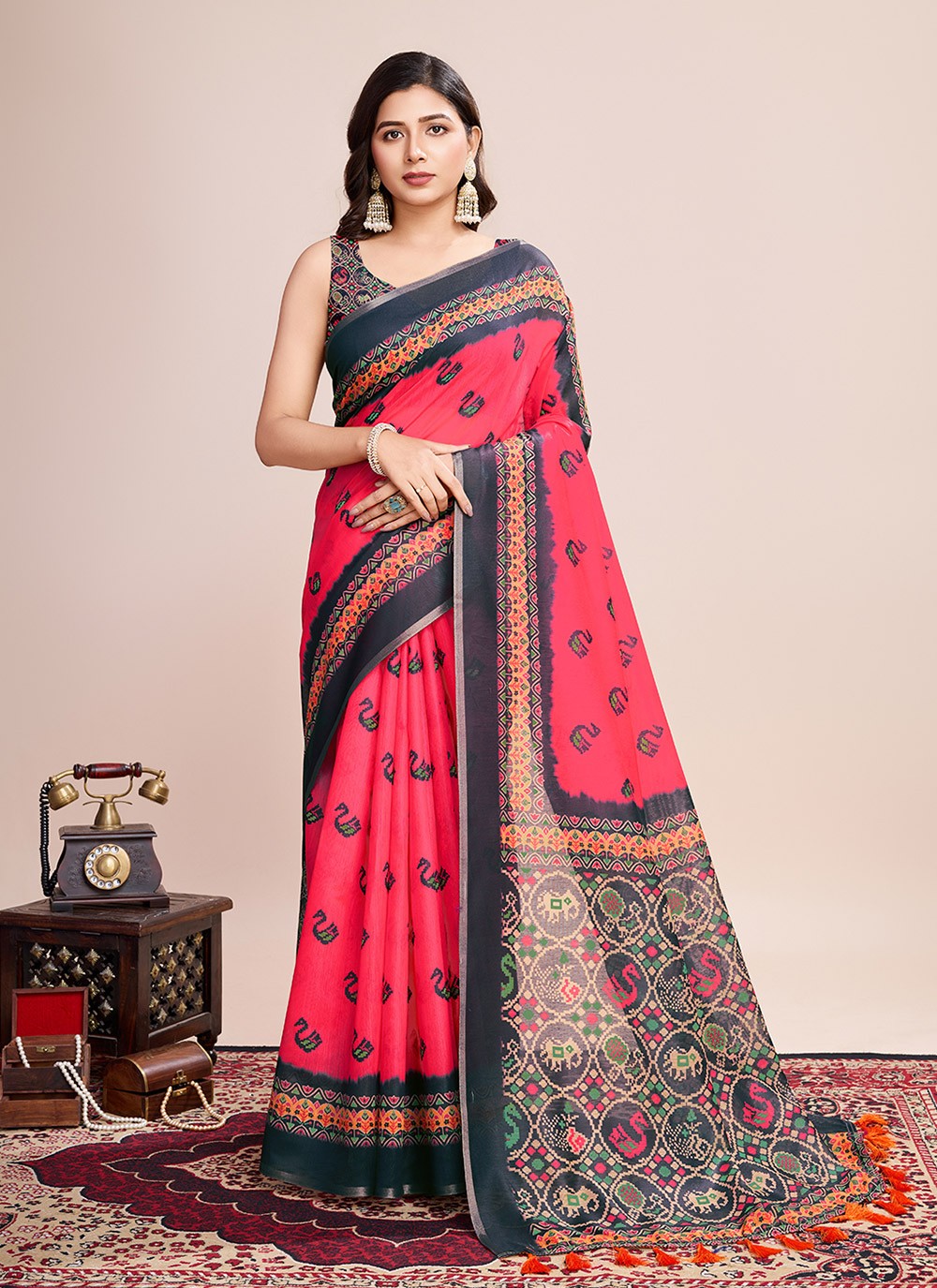 Border Work, Digital Print Linen Saree - S11538