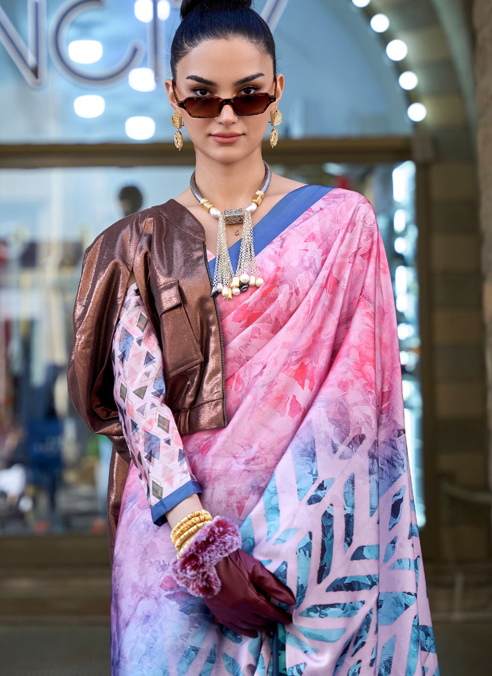Classic Digital Print Faux Crepe, Satin Saree - S4169