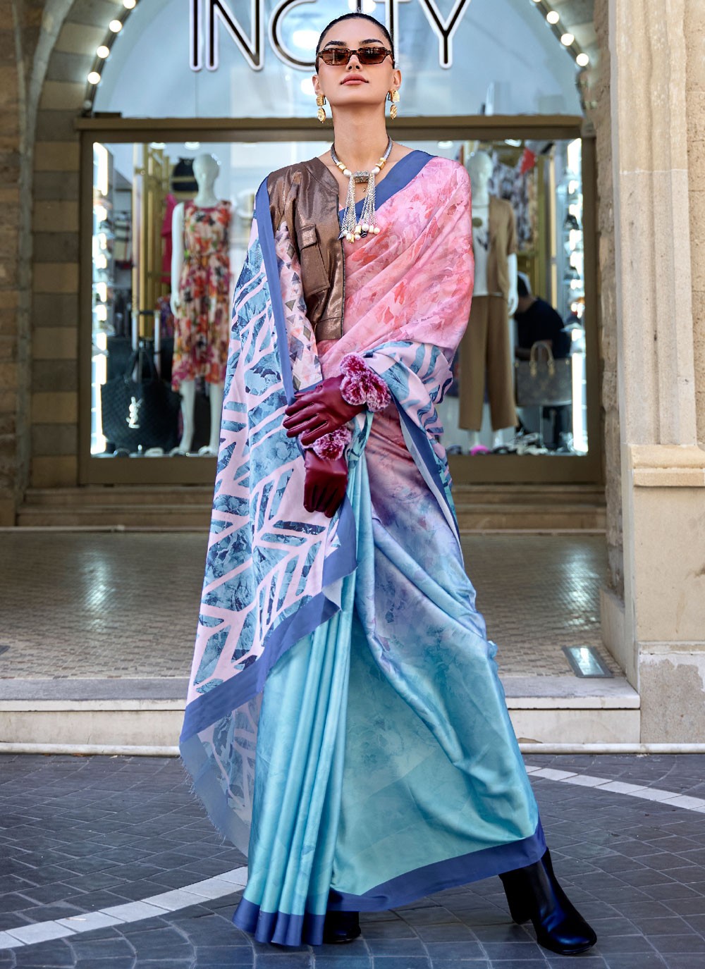 Classic Digital Print Faux Crepe, Satin Saree - S4169