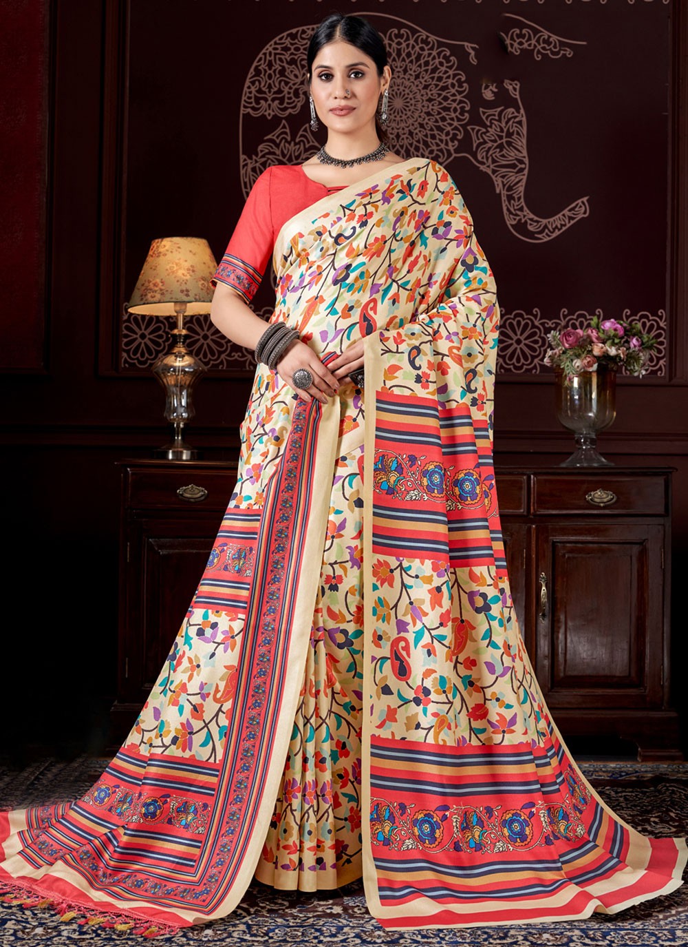 Classic Digital Print Pashmina Saree - S4246