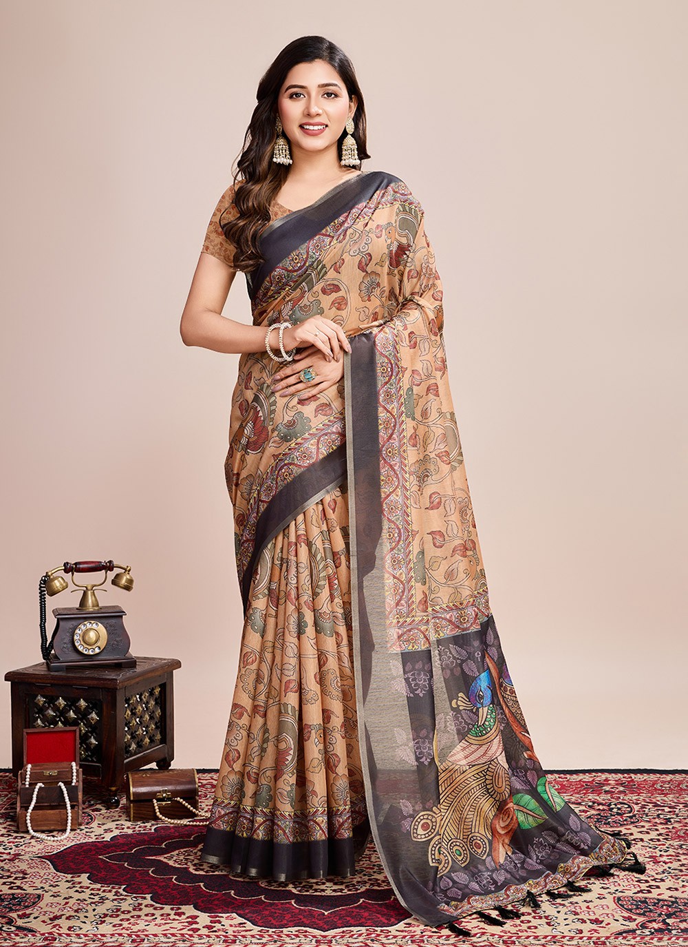 Border Work, Digital Print Linen Saree - S11538