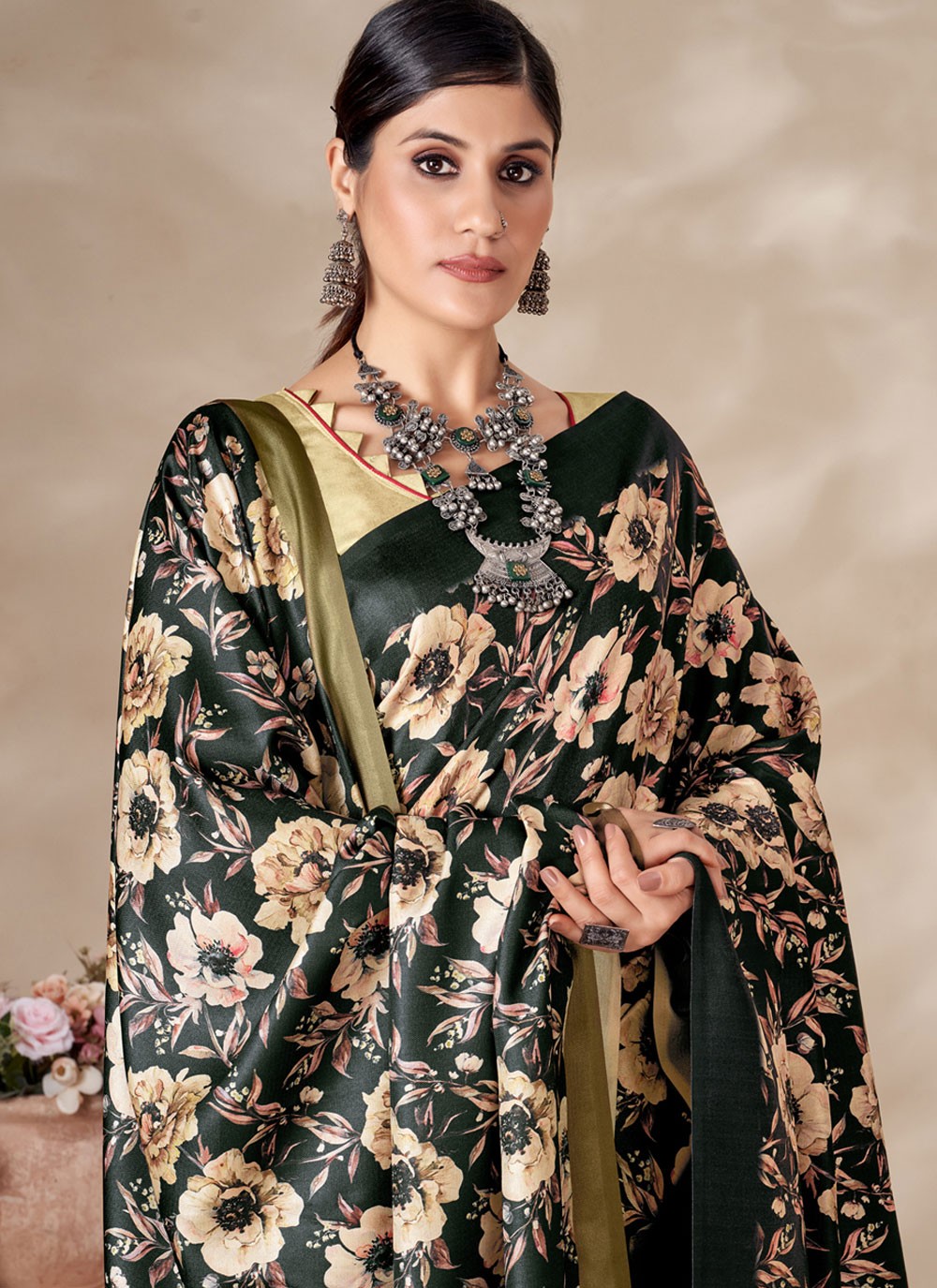 Classic Digital Print Pashmina Saree - S4302