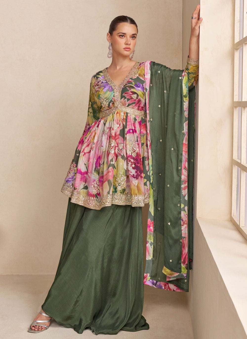 Palazzo Suit Digital Print, Embroidered Multi Colour T8825