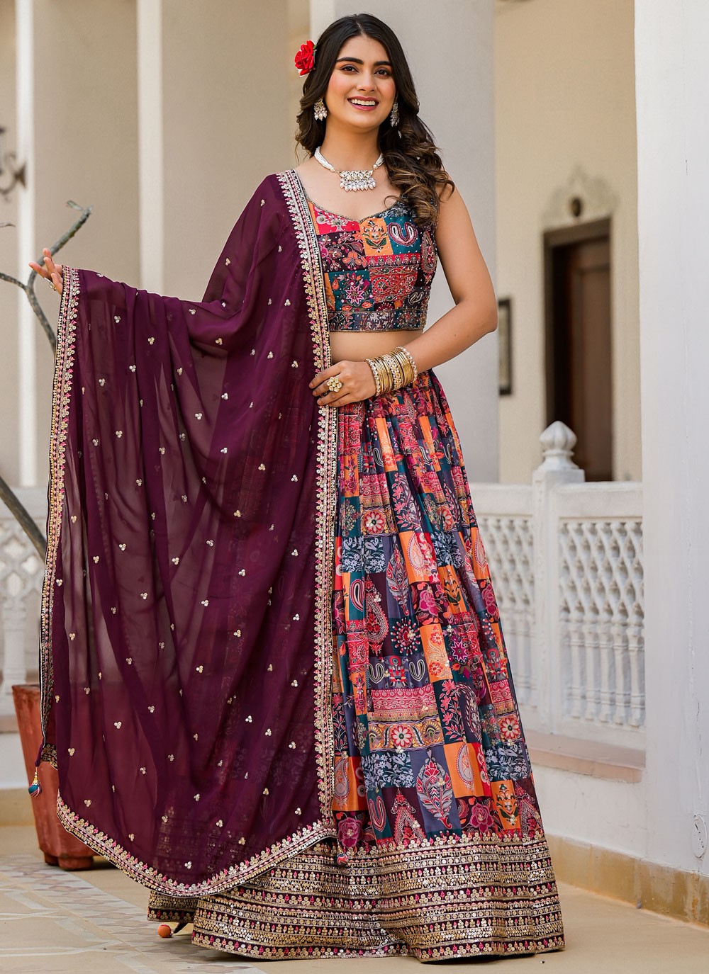 Digital Print Georgette Multi Colour Lehenga - L3315