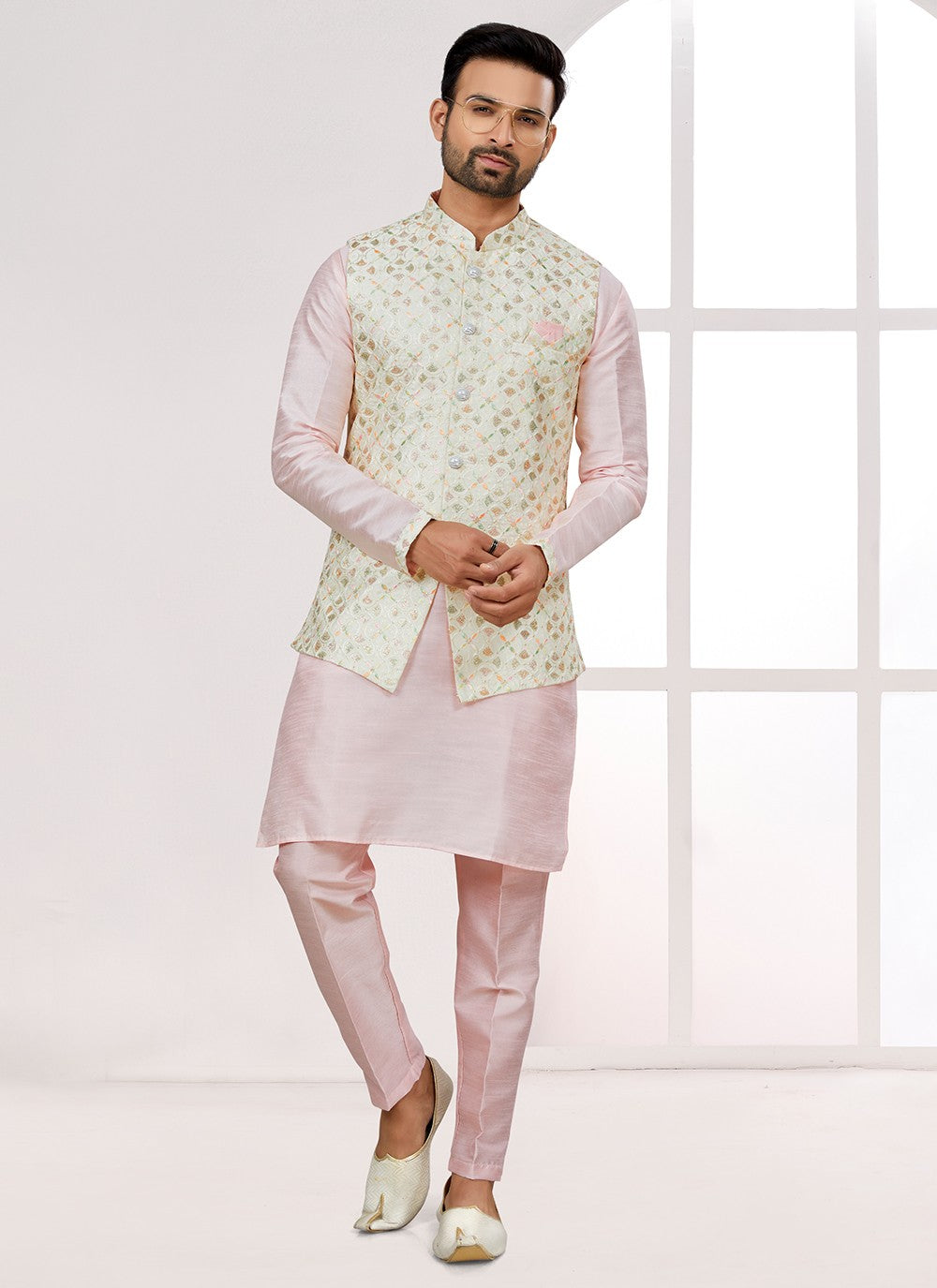 Thread Jacquard Multi Colour Kurta Payjama With Jacket - M6711