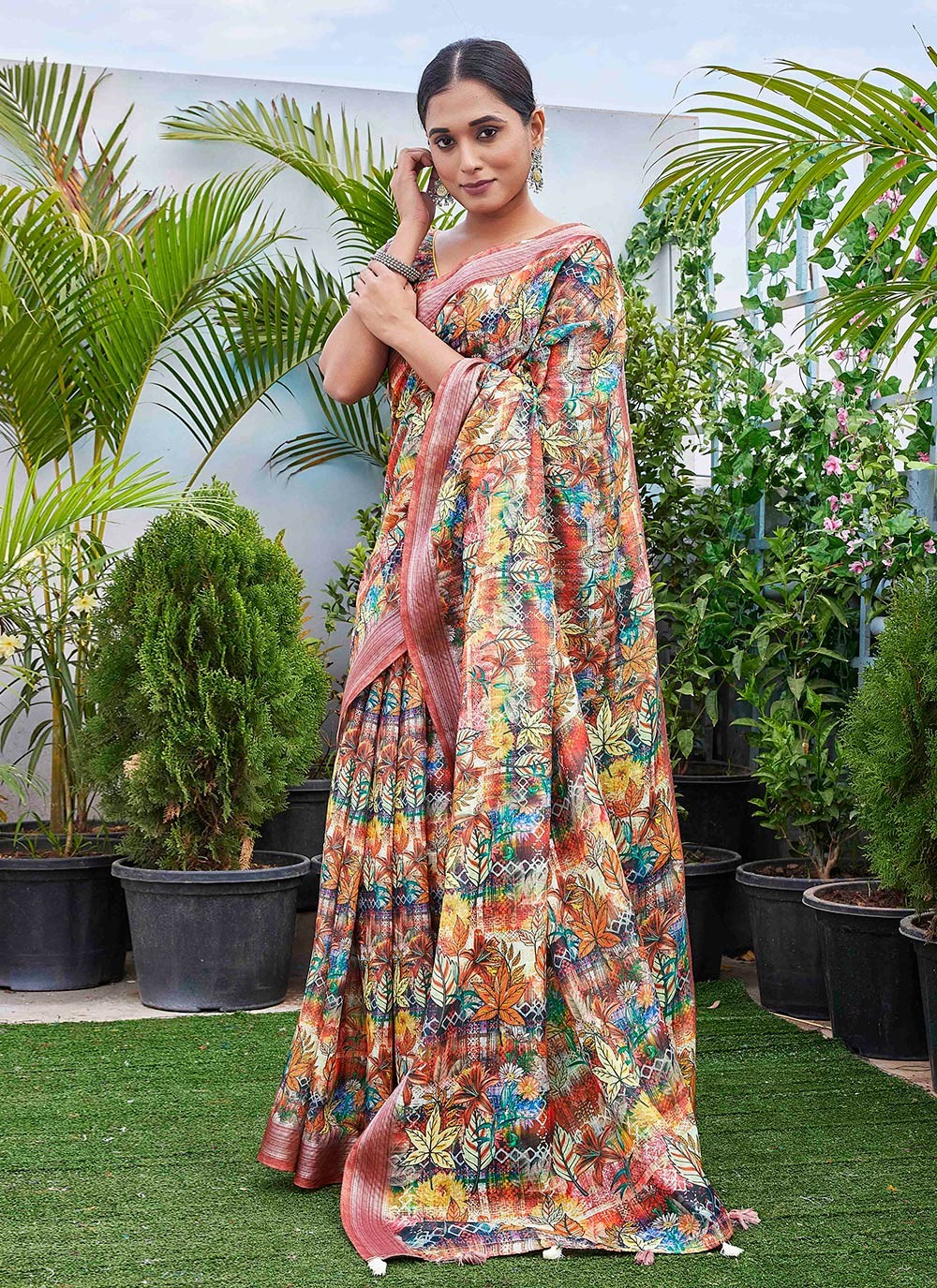 Classic Digital Print Linen Saree - S9004