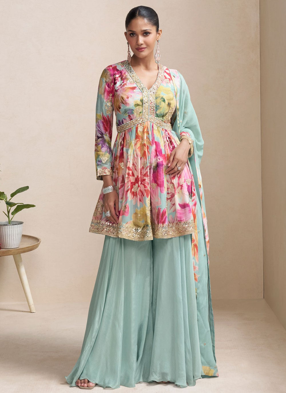 Palazzo Suit Digital Print, Embroidered Multi Colour T8826