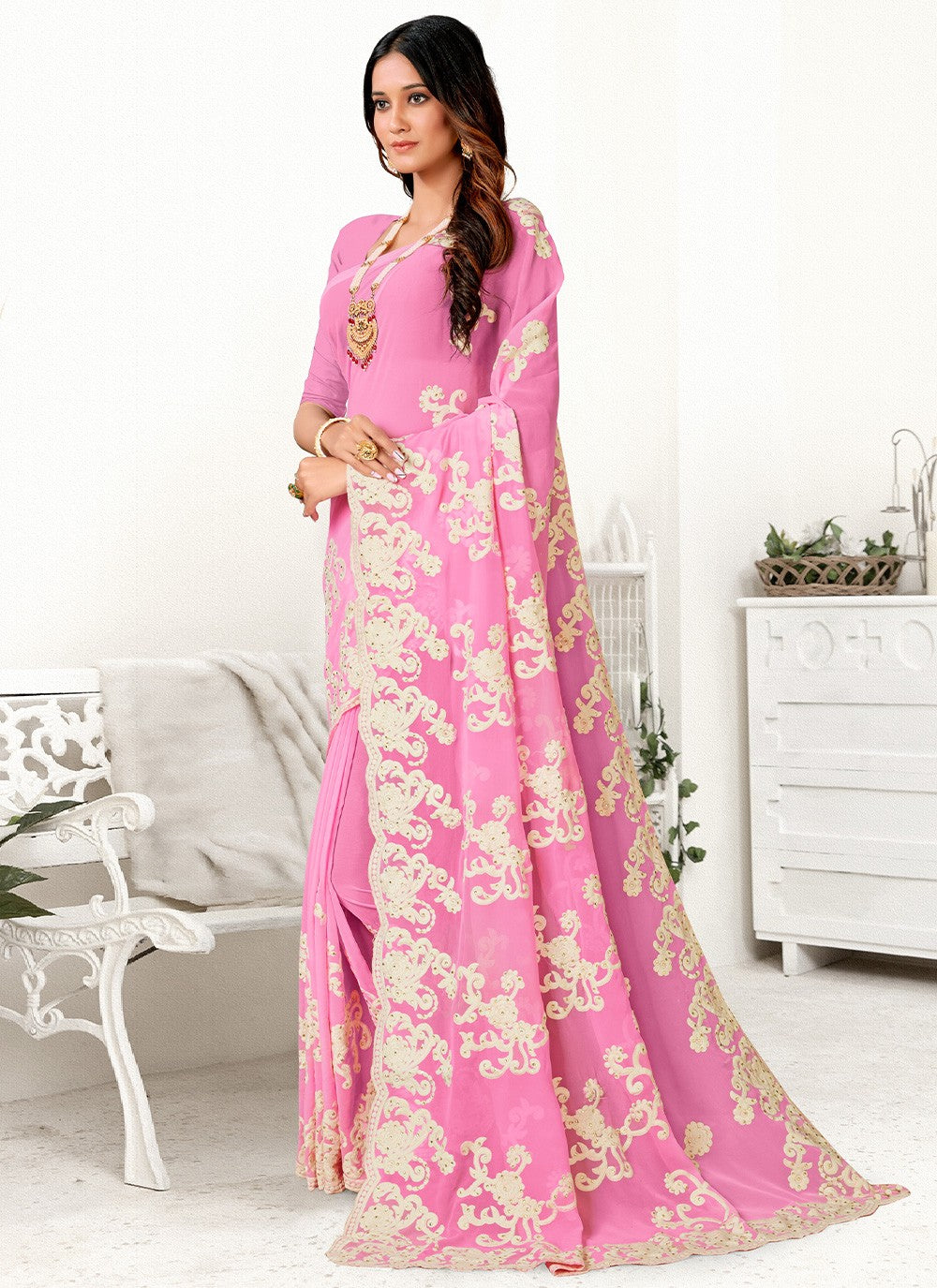 Classic Border Work Net Saree - S2916