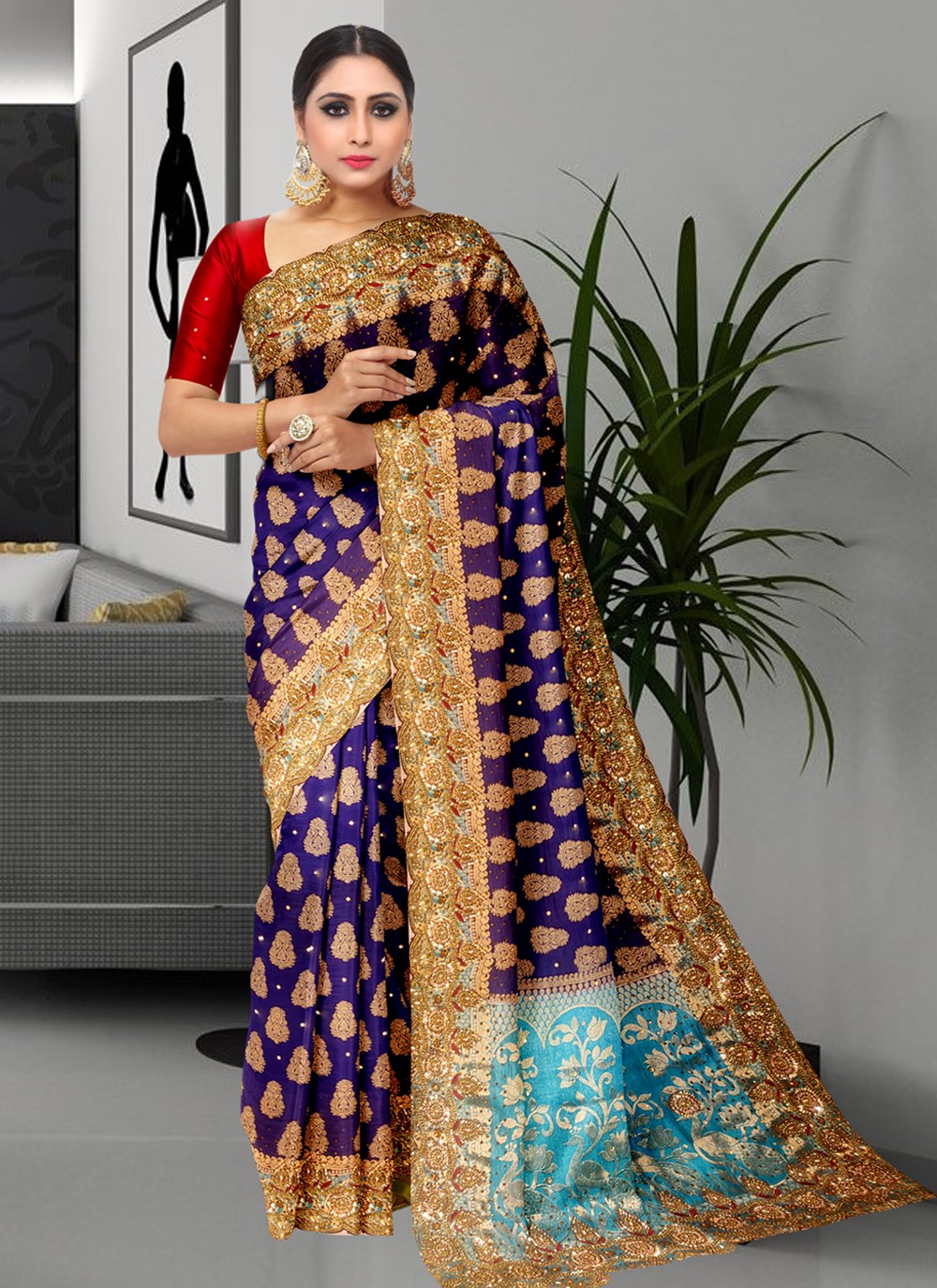 Trendy Embroidered Kanjivaram Silk Saree - S3435