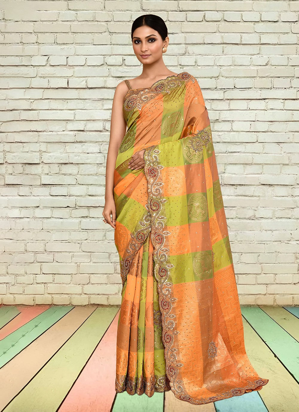Hand Embroidery Kanjivaram Silk Multi Colour Saree S14280