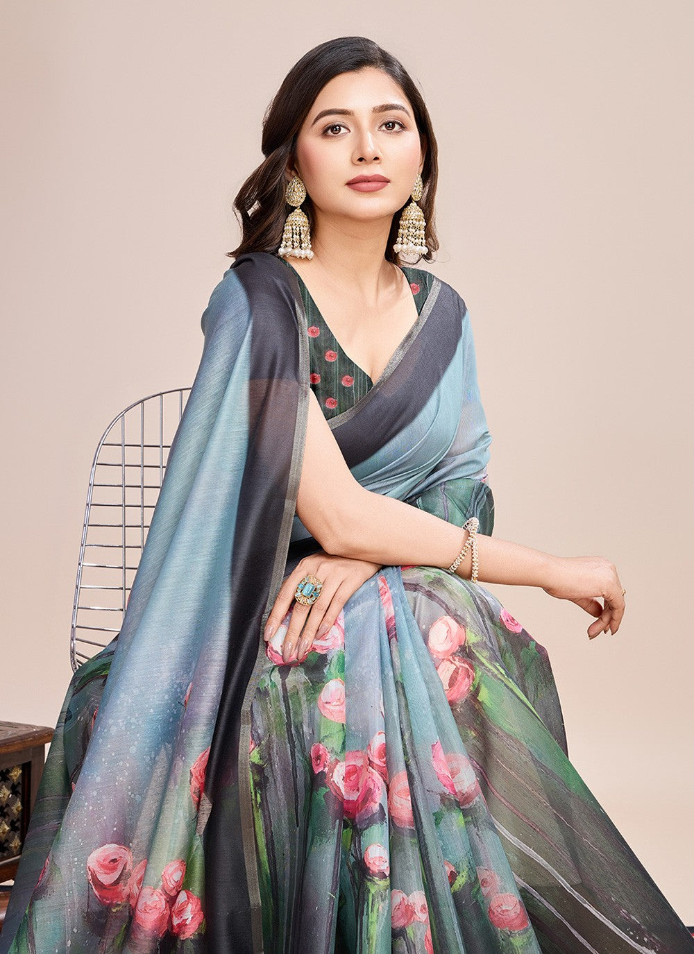 Border Work, Digital Print Linen Saree - S11538