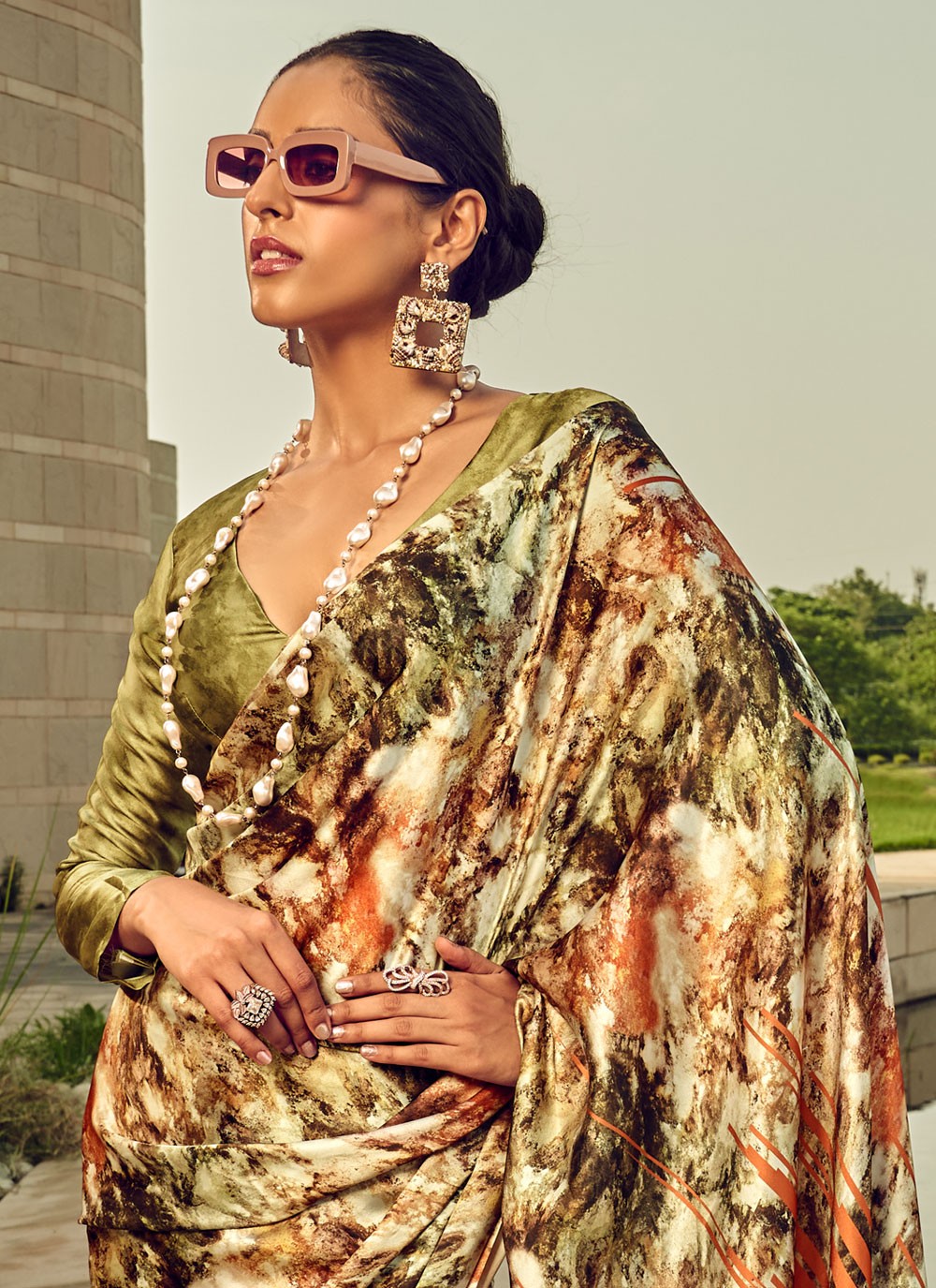 Classic Digital Print Satin Saree - S4000
