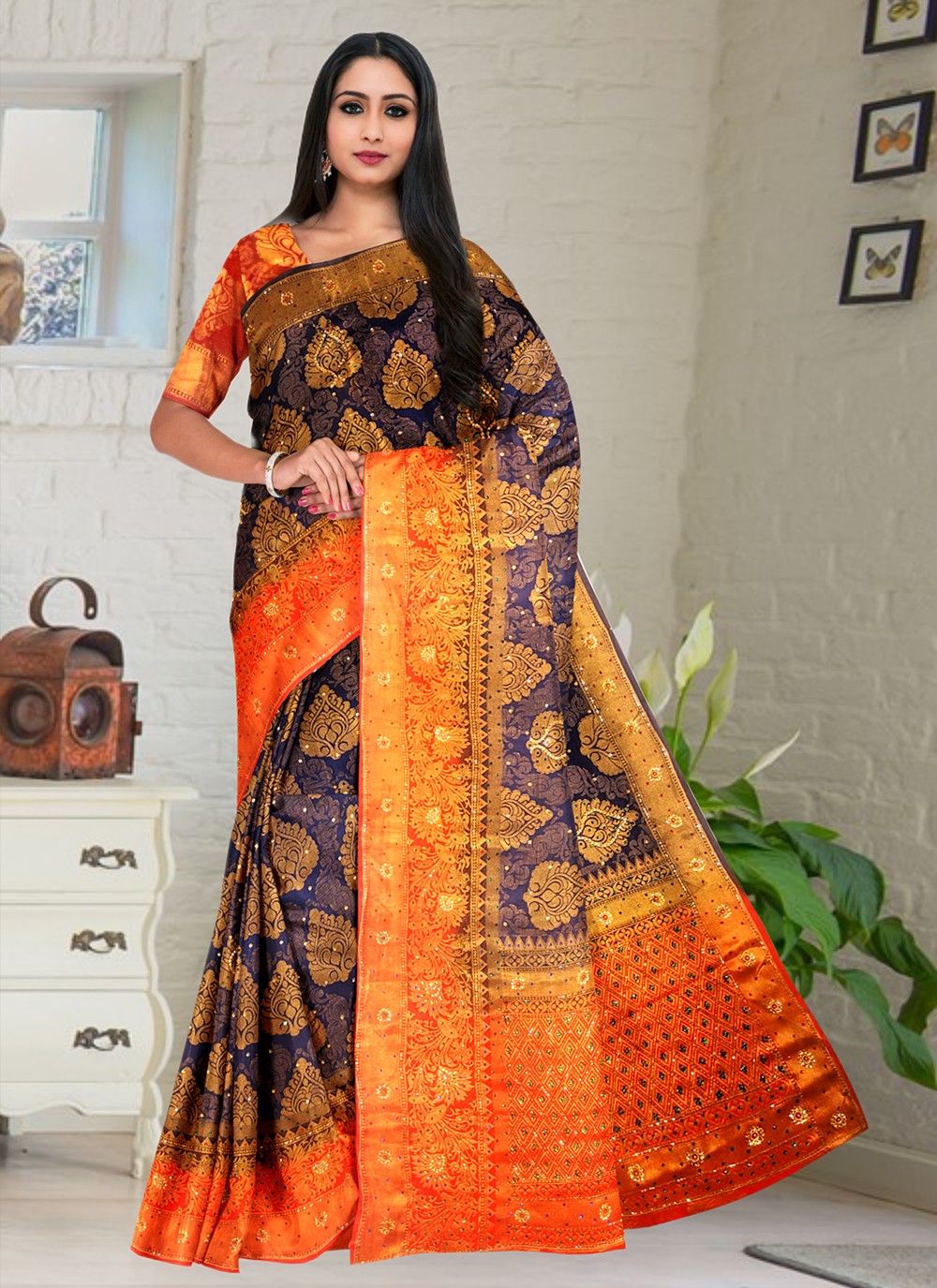 Trendy Embroidered Kanjivaram Silk Saree - S3435