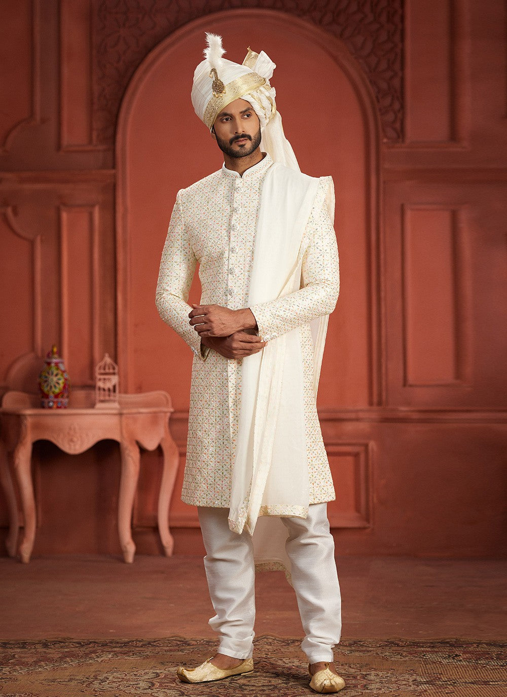Embroidered Pure Silk Multi Colour Sherwani - M7388