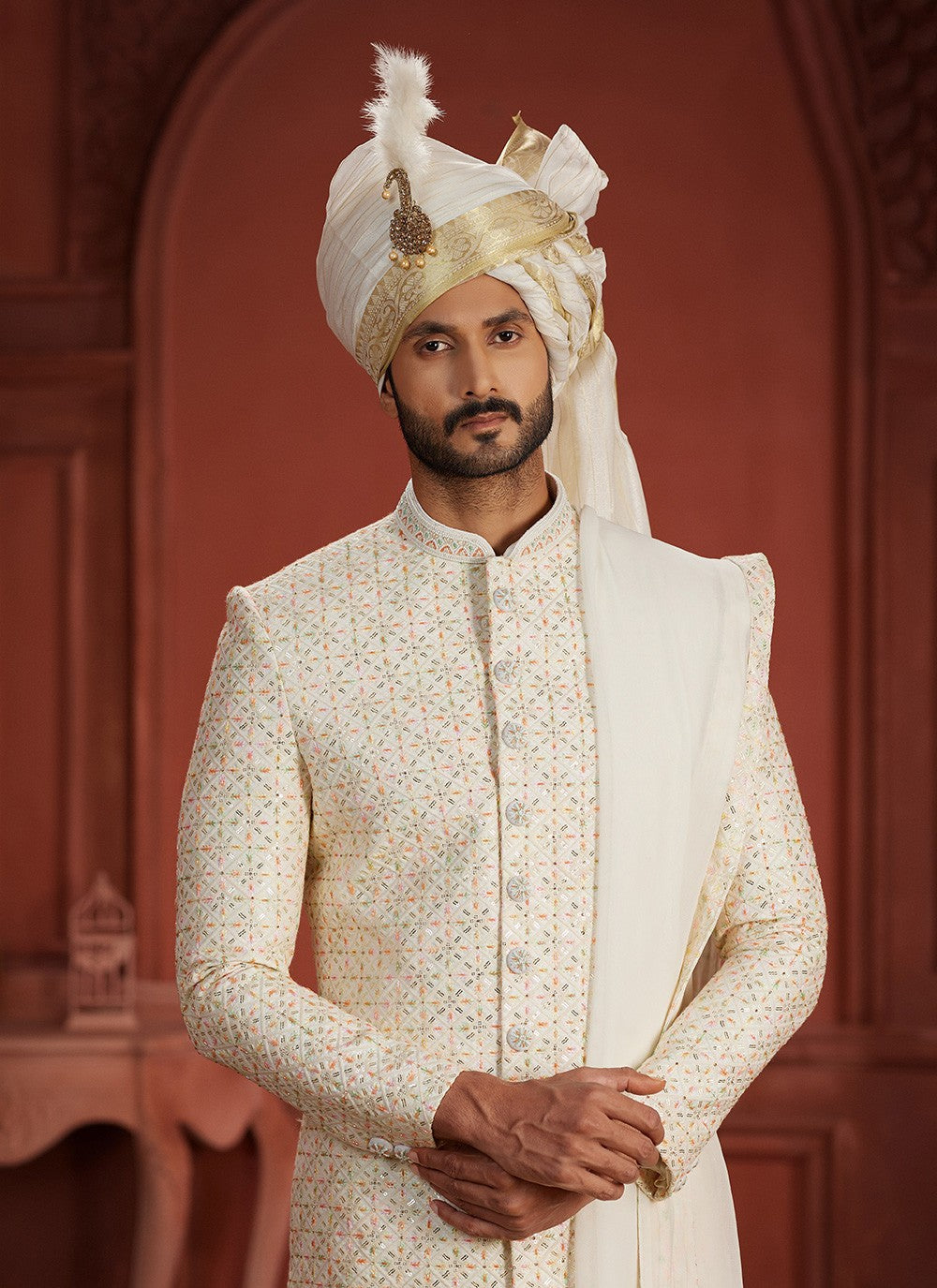 Embroidered Pure Silk Multi Colour Sherwani - M7388