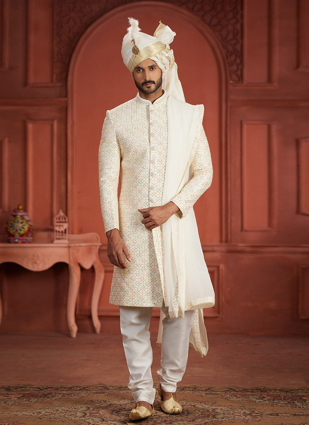 Embroidered Pure Silk Multi Colour Sherwani - M7388