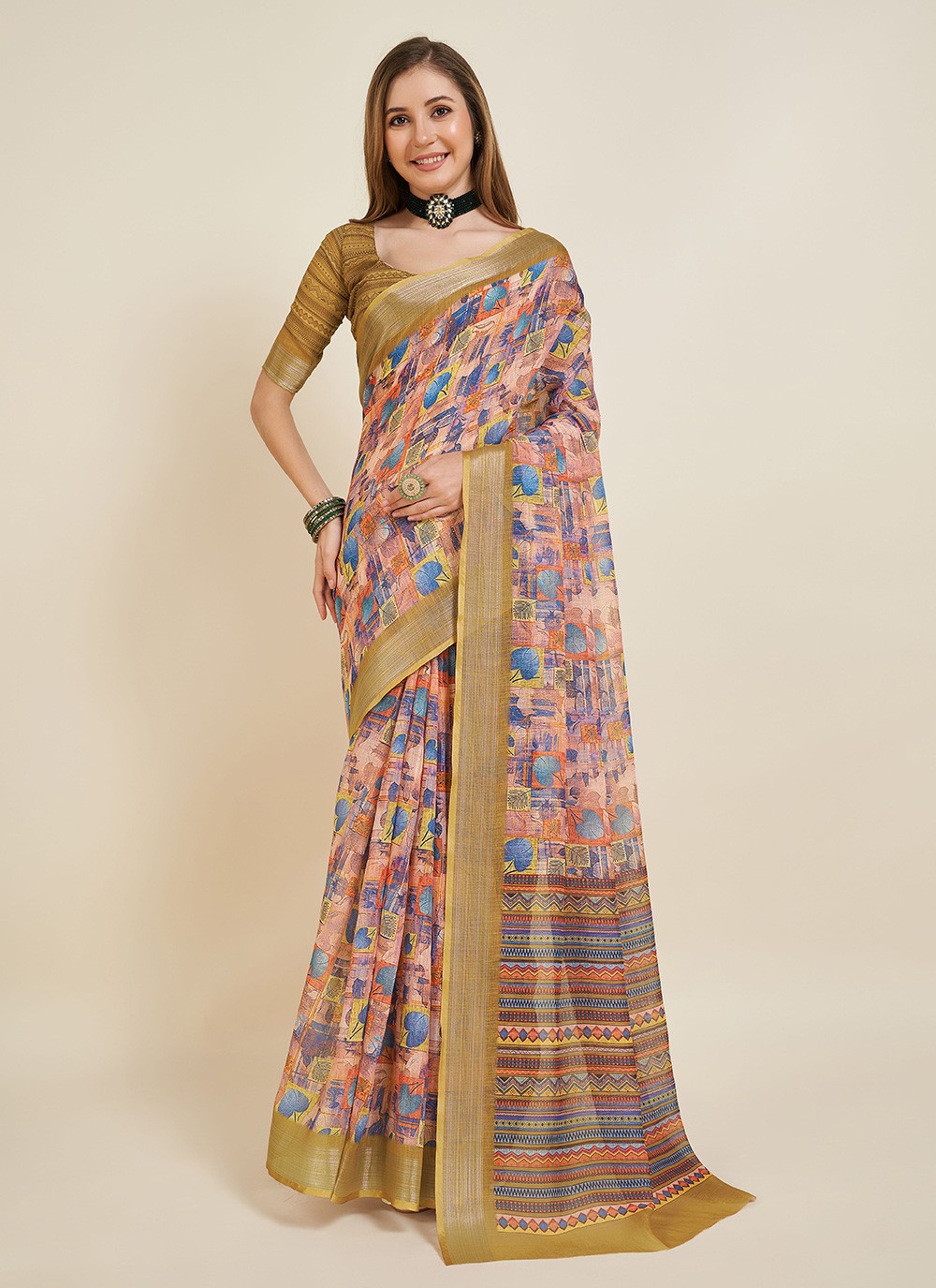 Casual Printed Linen Saree - S5555