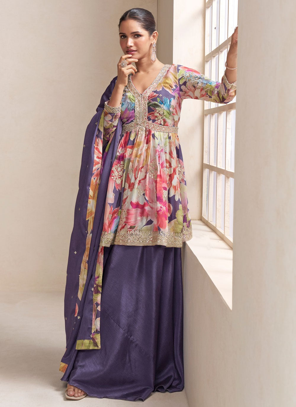 Palazzo Suit Digital Print, Embroidered Multi Colour T8827
