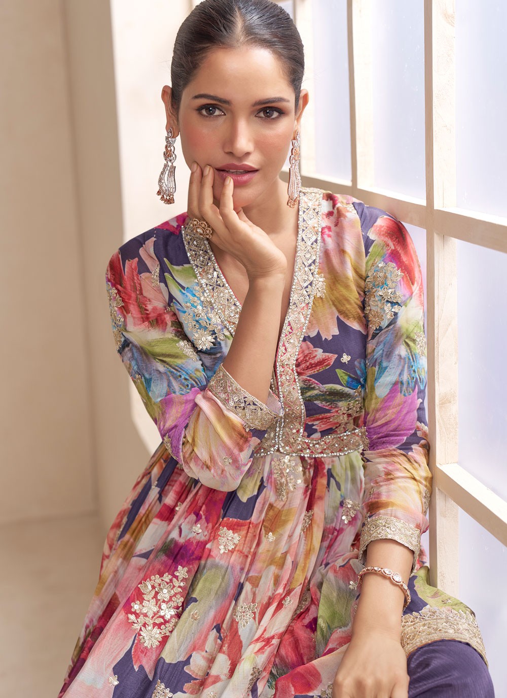 Palazzo Suit Digital Print, Embroidered Multi Colour T8827
