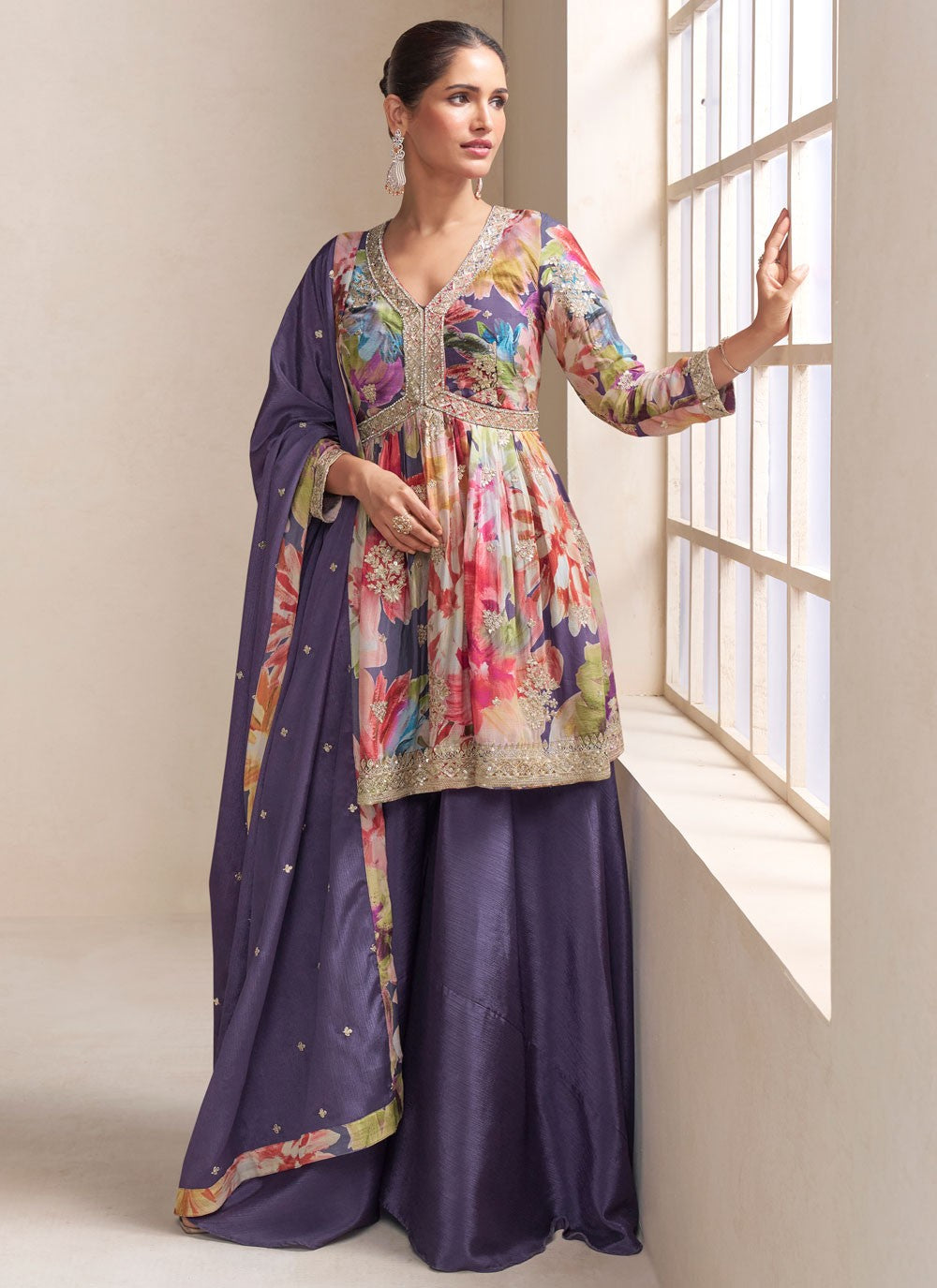 Palazzo Suit Digital Print, Embroidered Multi Colour T8827