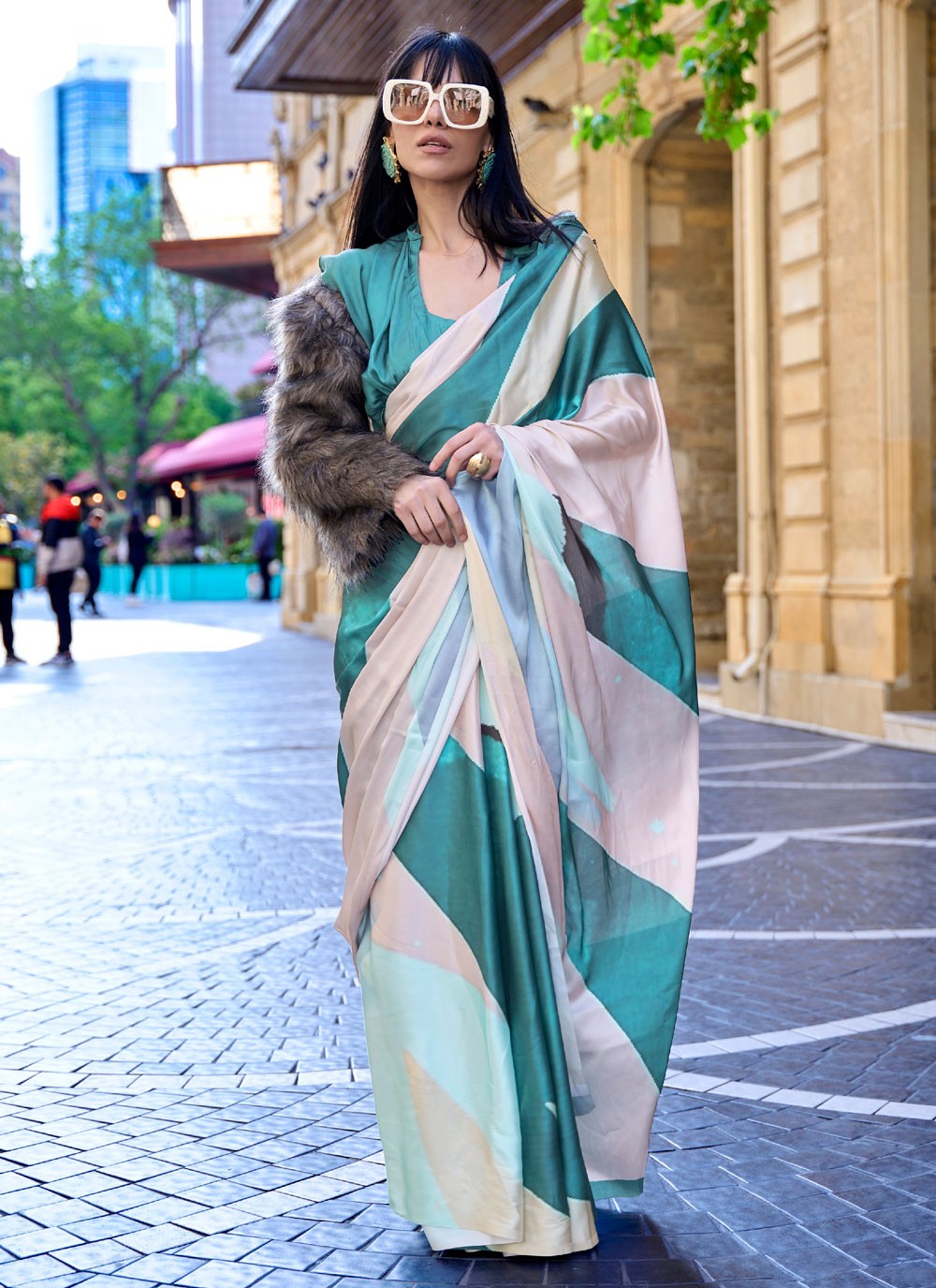 Classic Digital Print Faux Crepe, Satin Saree - S4169