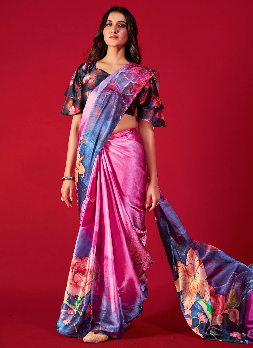 Trendy Digital Print Pure Crepe, Satin Saree - S5666