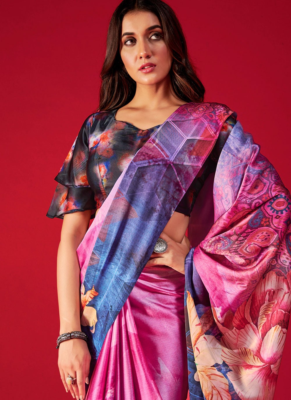 Trendy Digital Print Pure Crepe, Satin Saree - S5666