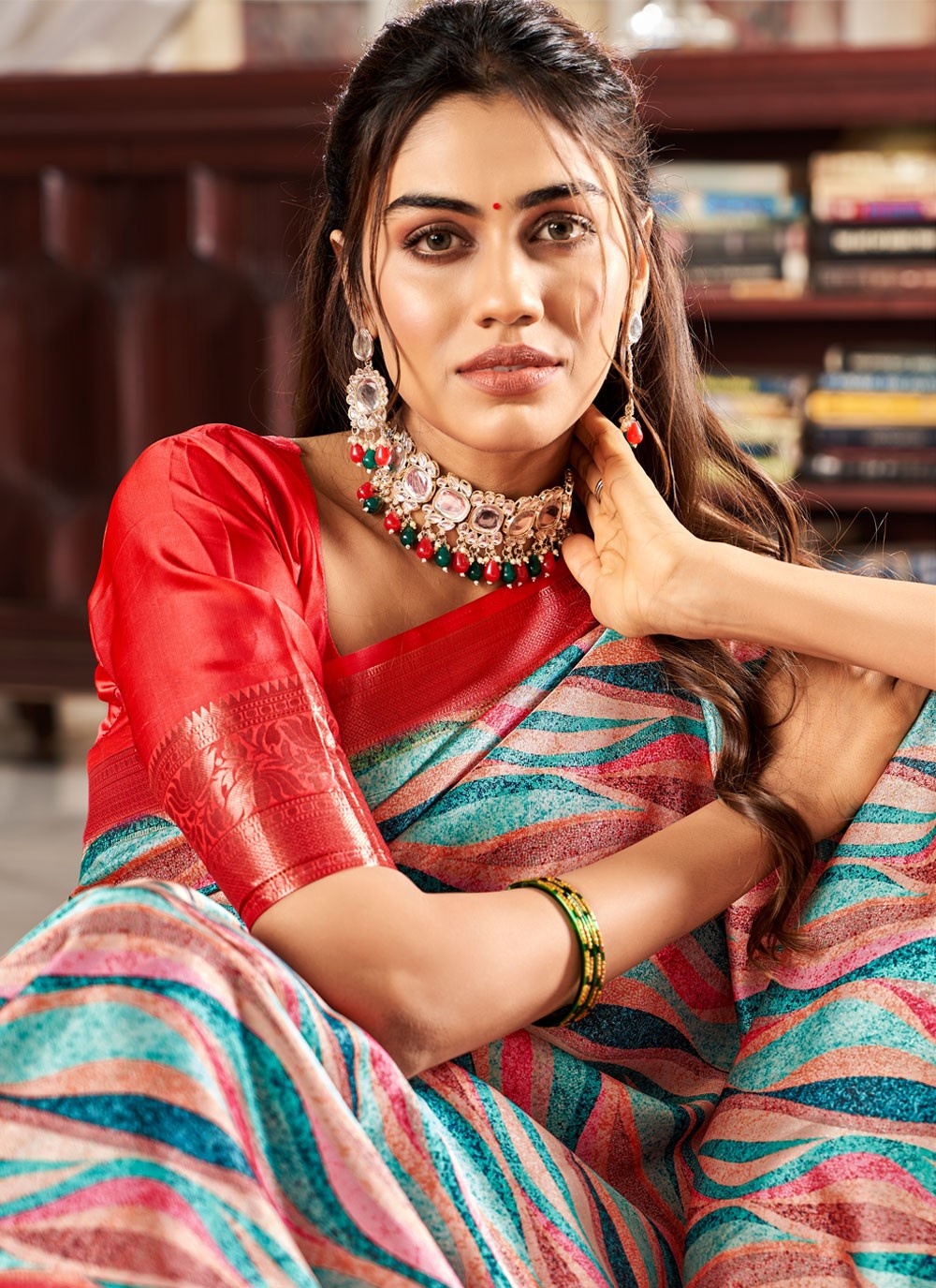 Classic Digital Print Satin Saree - S3936