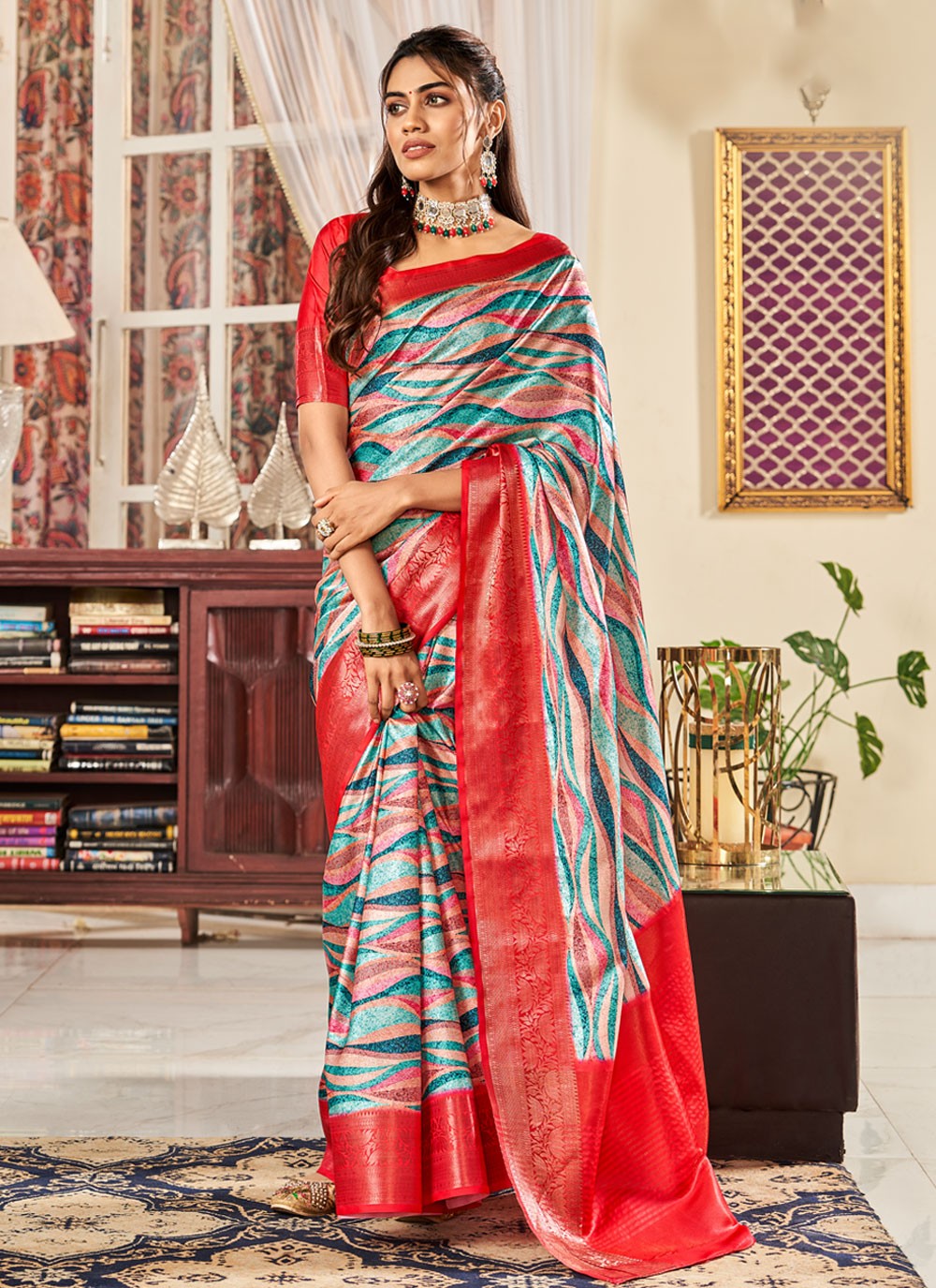 Classic Digital Print Satin Saree - S3936