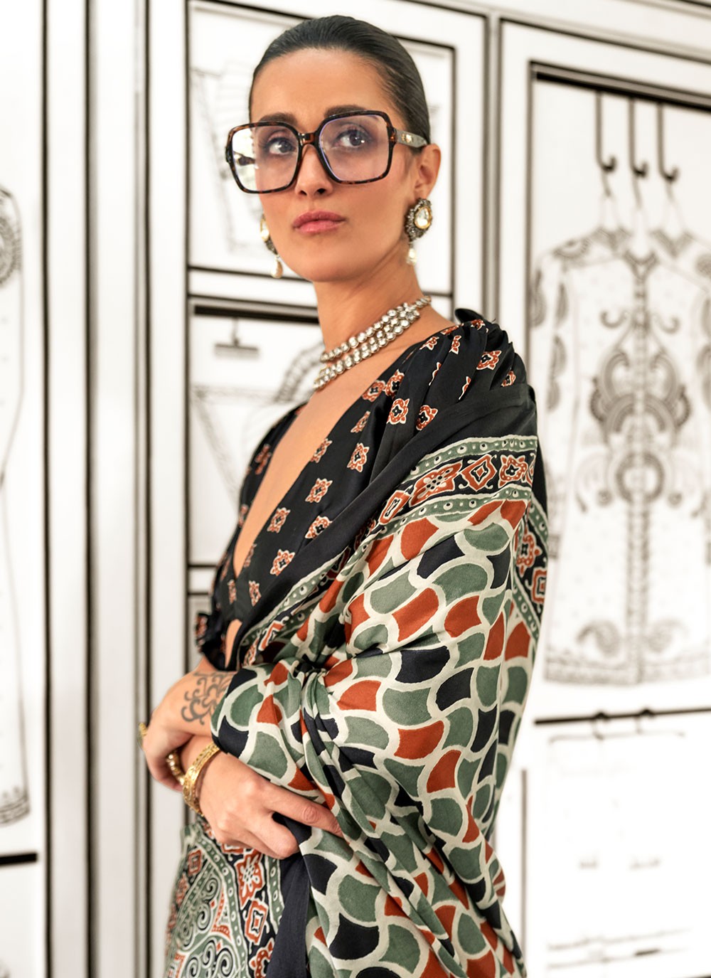 Classic Printed Crepe Silk, Satin Saree - S6780