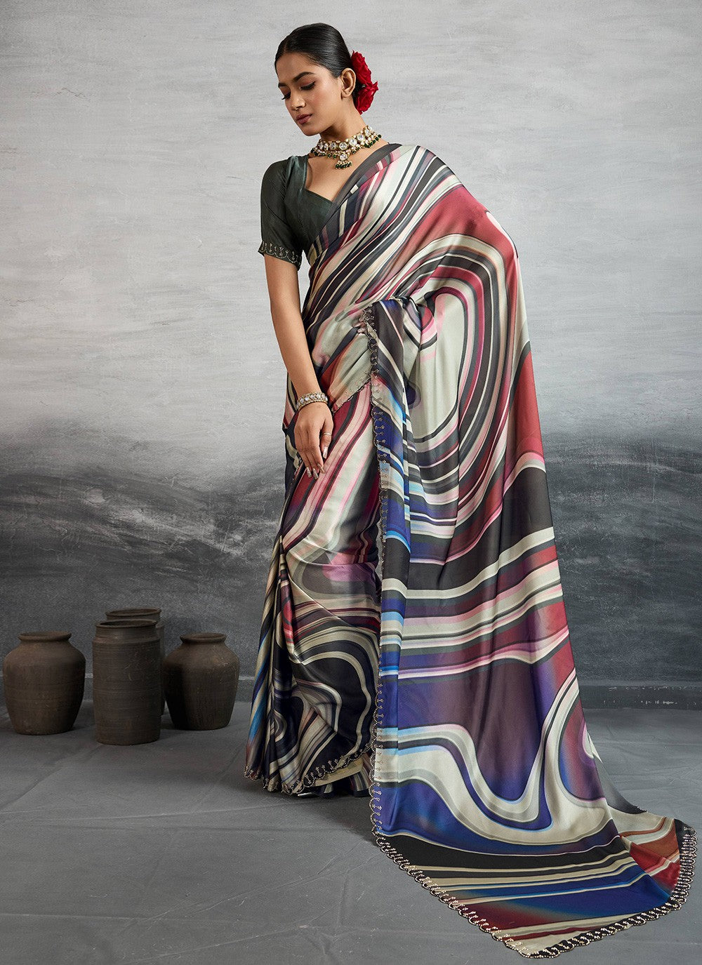 Multi Colour Satin Silk Trendy Saree Digital Print S18242