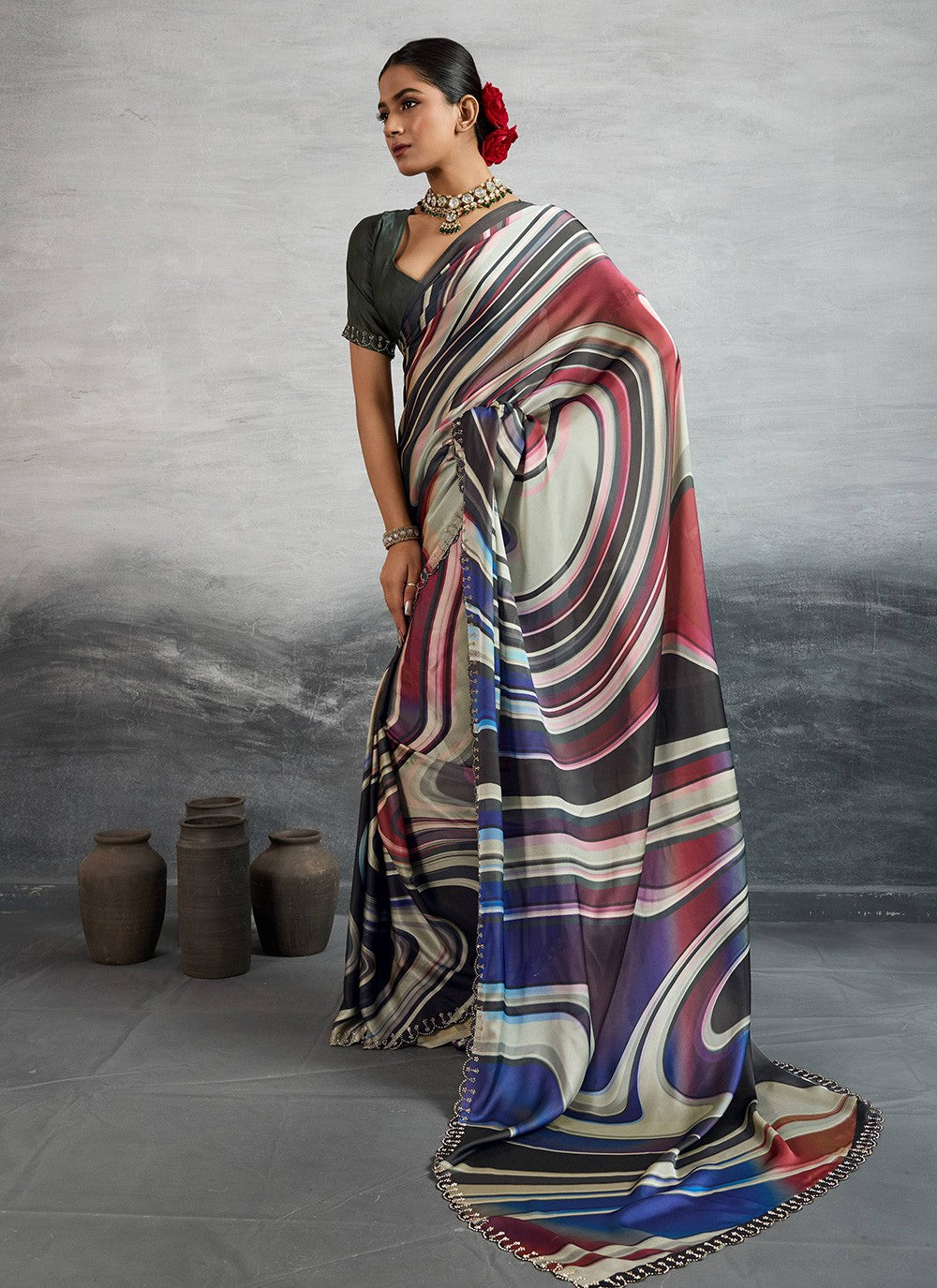 Multi Colour Satin Silk Trendy Saree Digital Print S18242