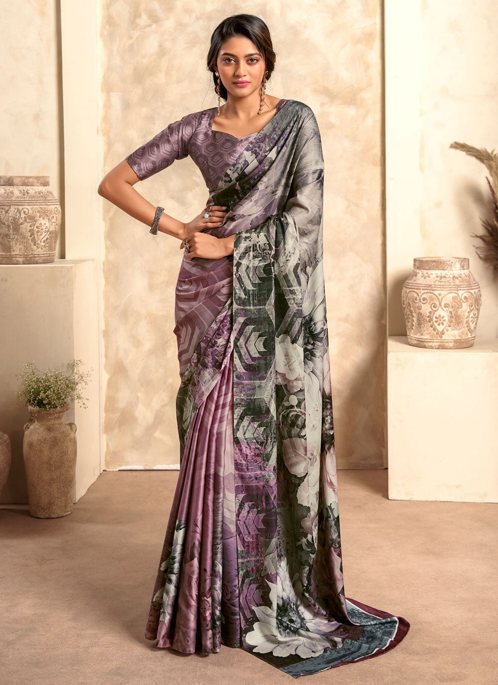 Classic Printed Satin Silk Saree - S4275