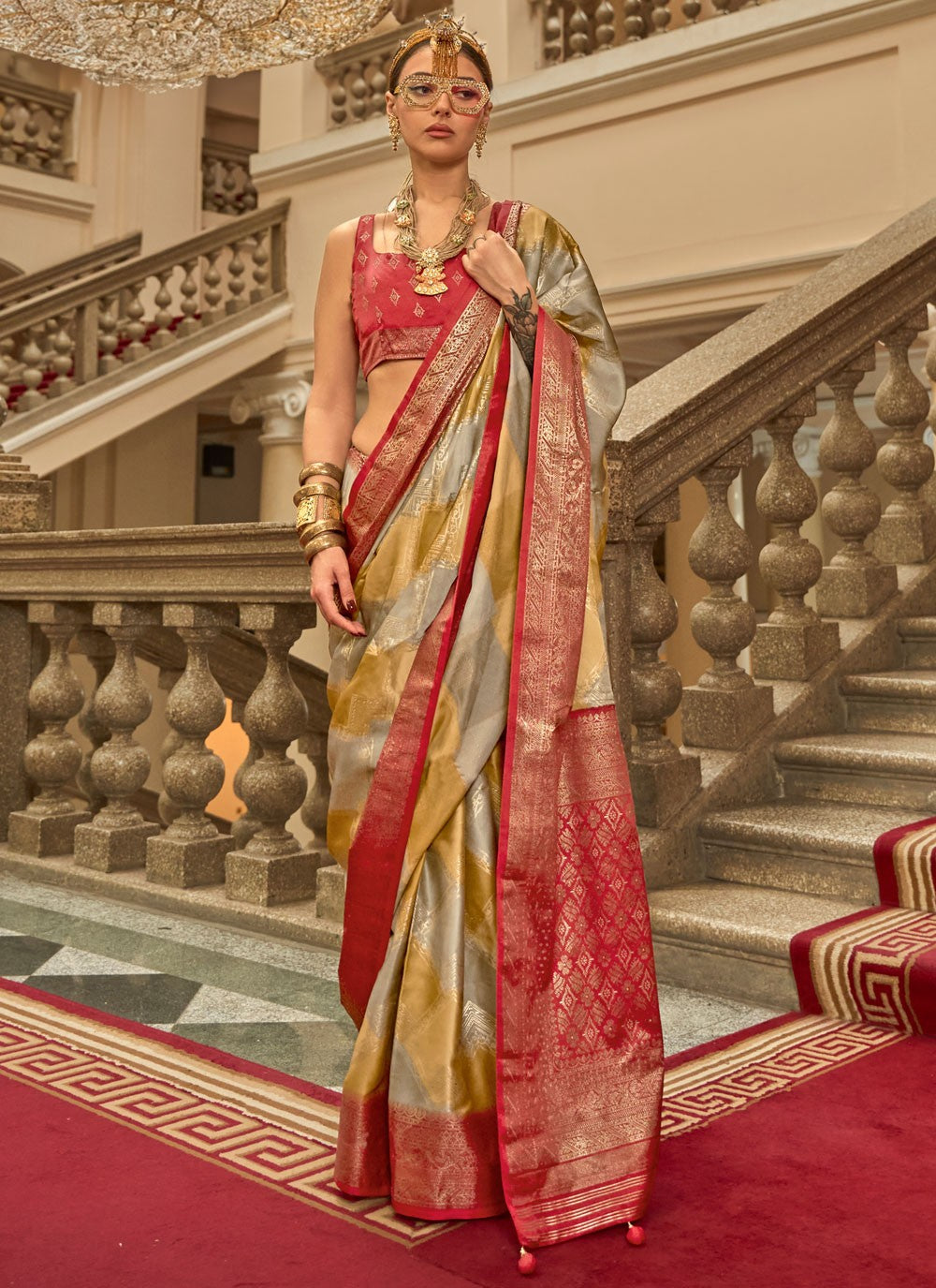 Multi Colour Satin Traditional Saree Printed, Weaving Zari S18288