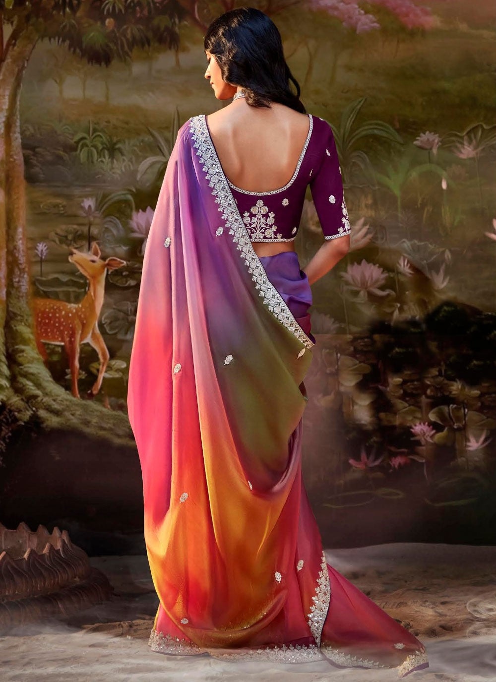 Shaded Border Work Fancy Fabric Saree - S7643