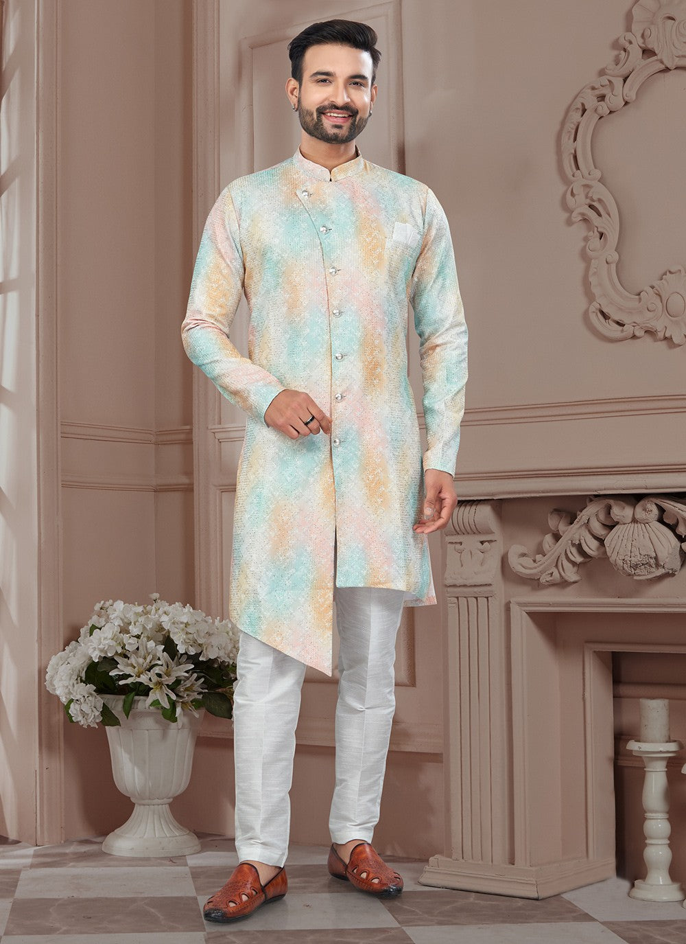Buttons Imported, Silk Multi Colour Indo Western Sherwani - M8603
