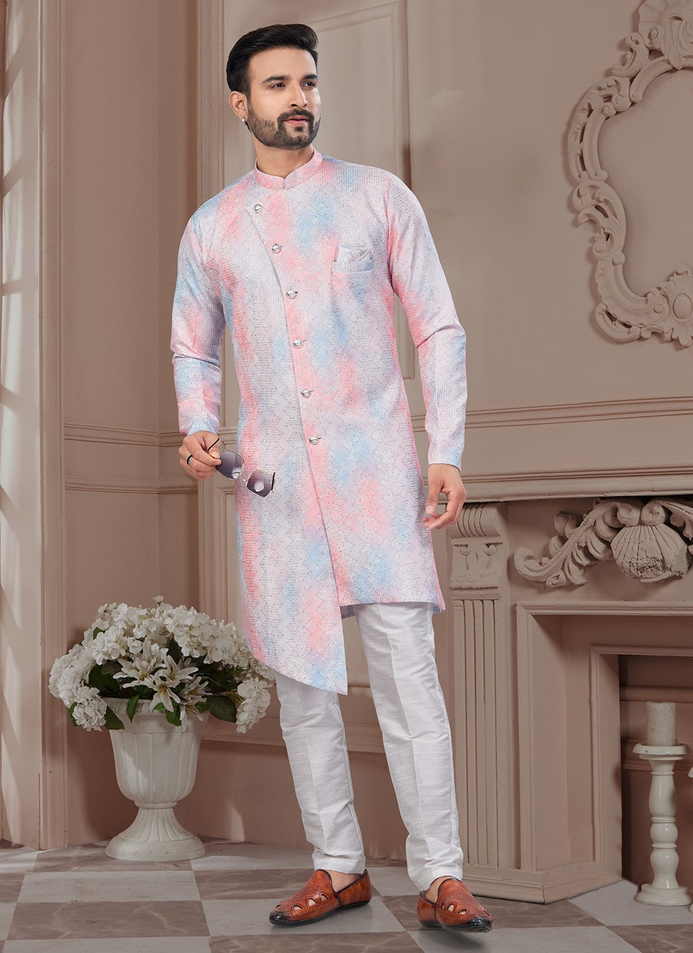 Buttons Imported, Silk Multi Colour Indo Western Sherwani - M8604