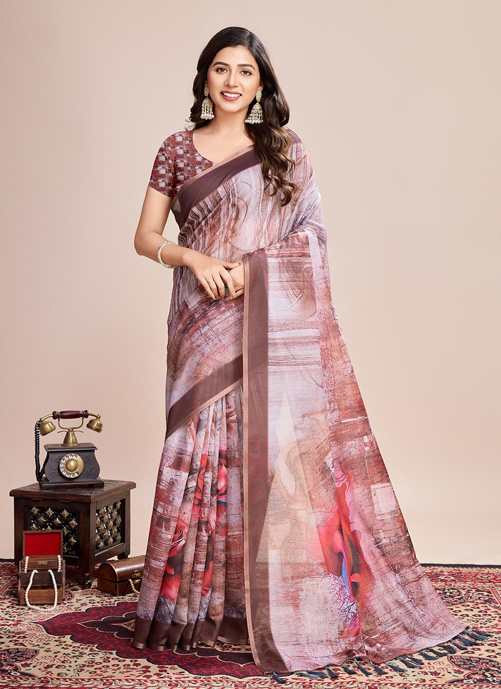 Border Work, Digital Print Linen Saree - S11538
